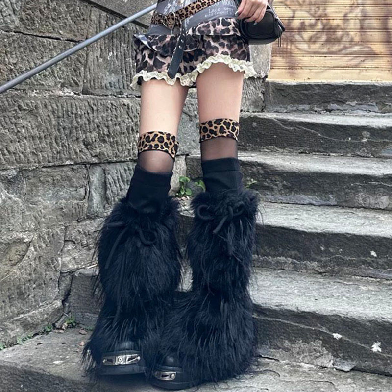 Y2K Punk Lace-up Furry Leg Warmers