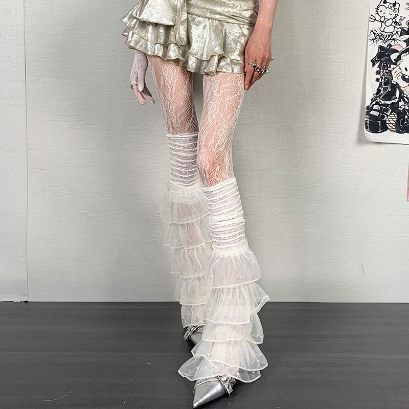 Y2K White Leg Warmers Floral Lace Pantyhose