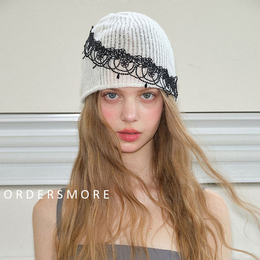 Black Lace Hollow Knitted Mohair Hat