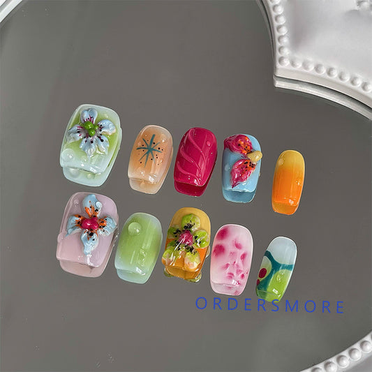 Dopamine Color 3D Floral Press-on Nails