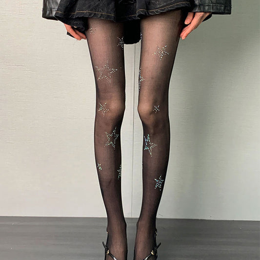 Y2K Bling Bling Star Black Semi-sheer Pantyhose