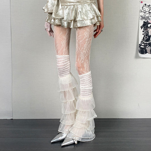 Y2K White Leg Warmers Floral Lace Pantyhose