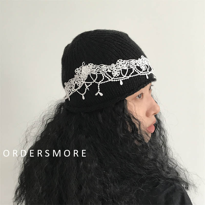 Black Lace Hollow Knitted Mohair Hat