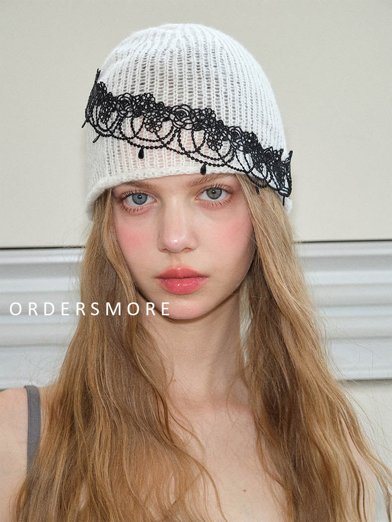 Black Lace Hollow Knitted Mohair Hat