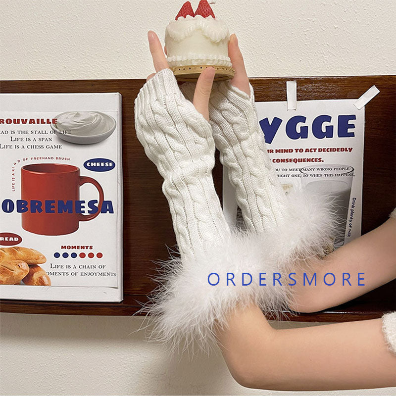 Y2K Fluffy Knitted Arm Warmers Gloves