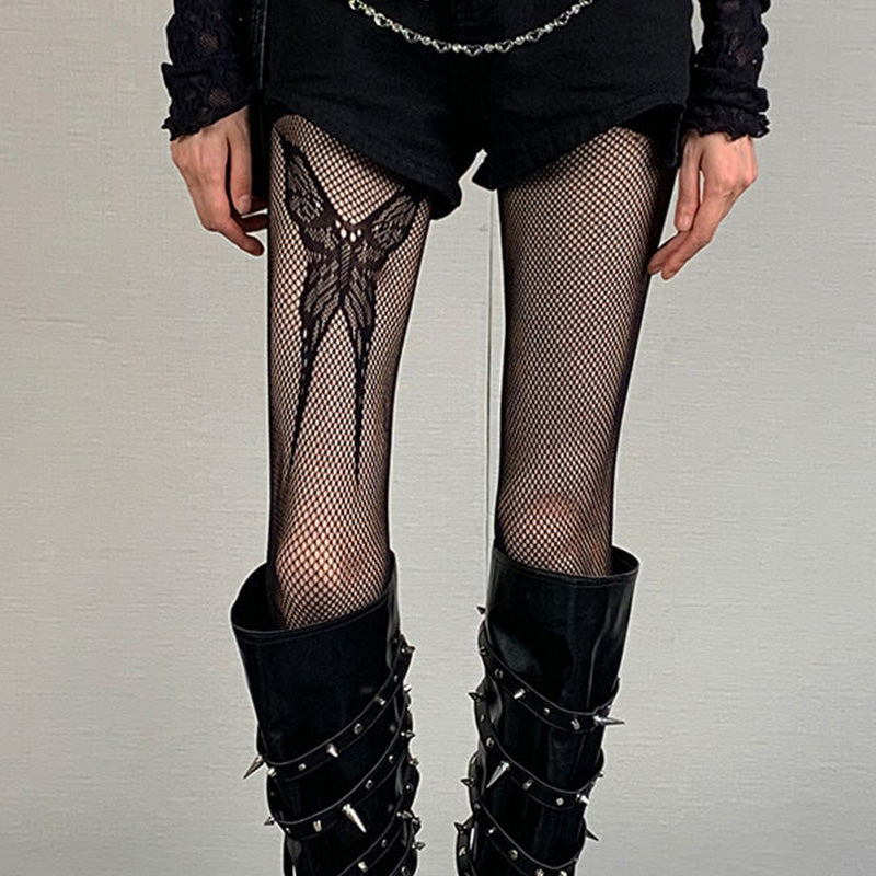 Y2K Punk Butterfly Black Fishnet Pantyhose