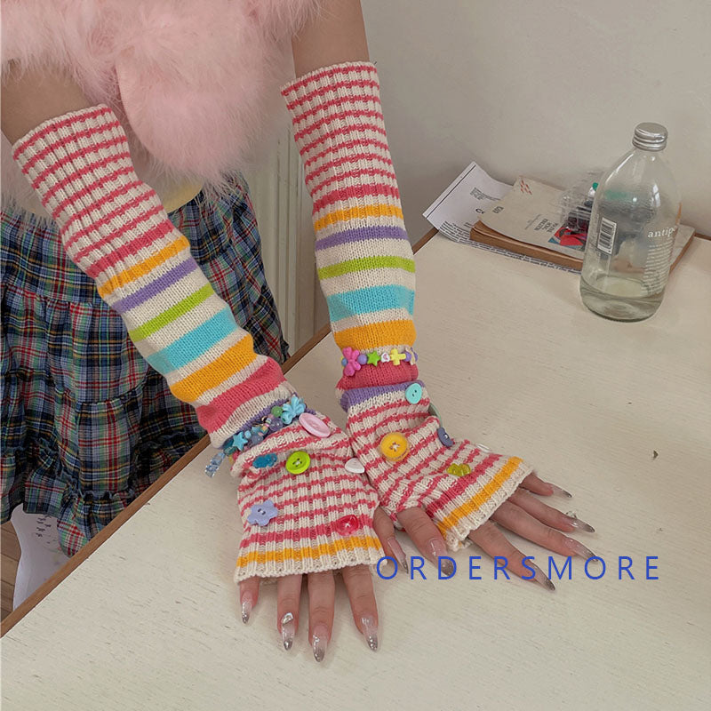Y2K Buttons Knitted Sleeve Gloves Leg Warmers Set