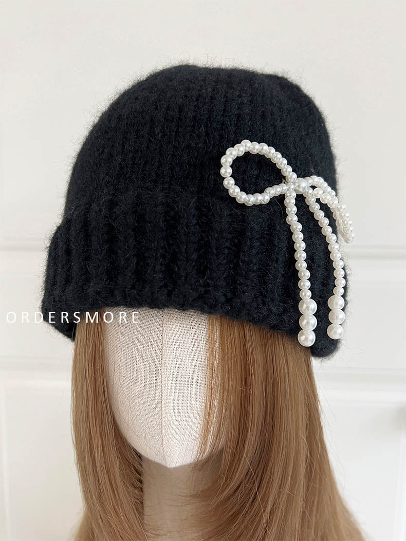 Y2K Pearl Bow Knitted Hat