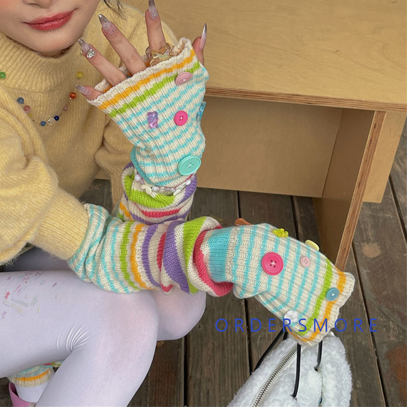 Y2K Buttons Knitted Sleeve Gloves Leg Warmers Set