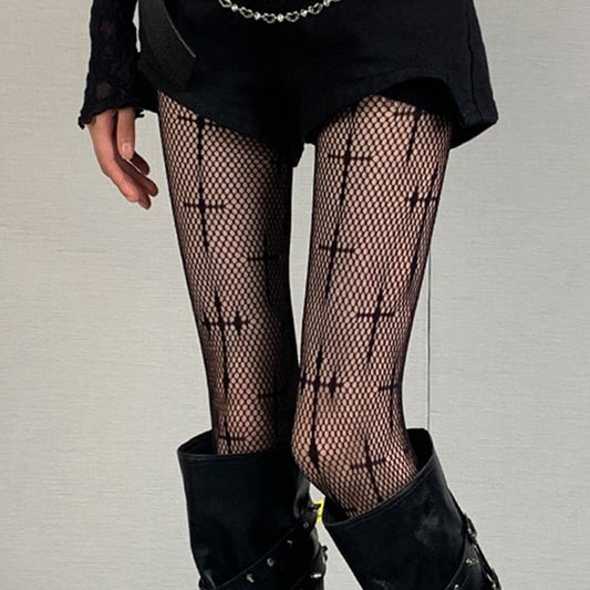 Y2K Punk Cross Black Fishnet Pantyhose