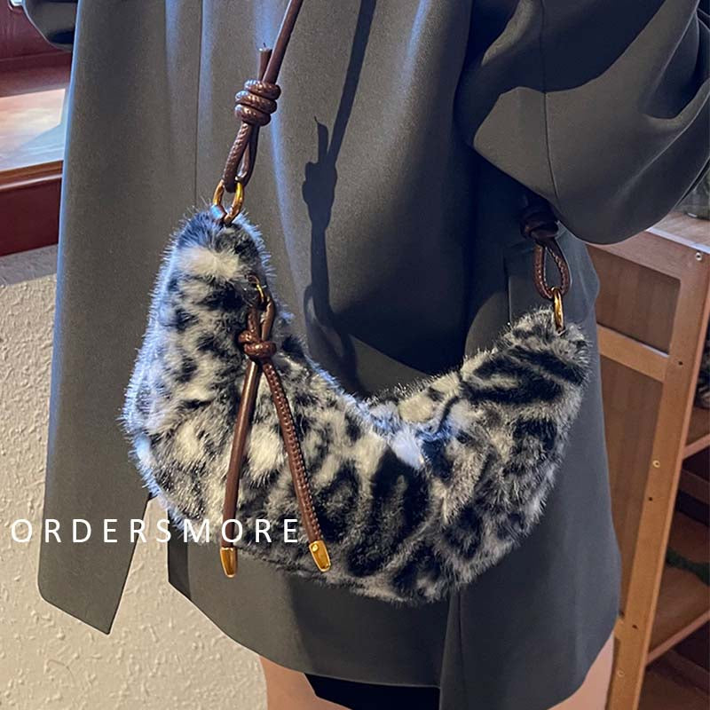 Retro Leopard Print Furry Croissant Bag