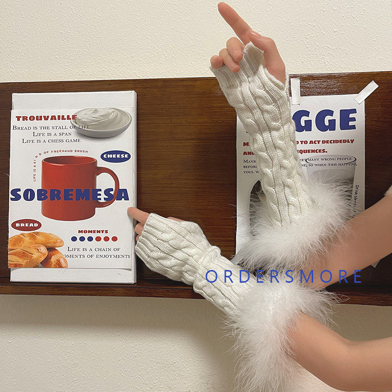 Y2K Fluffy Knitted Arm Warmers Gloves