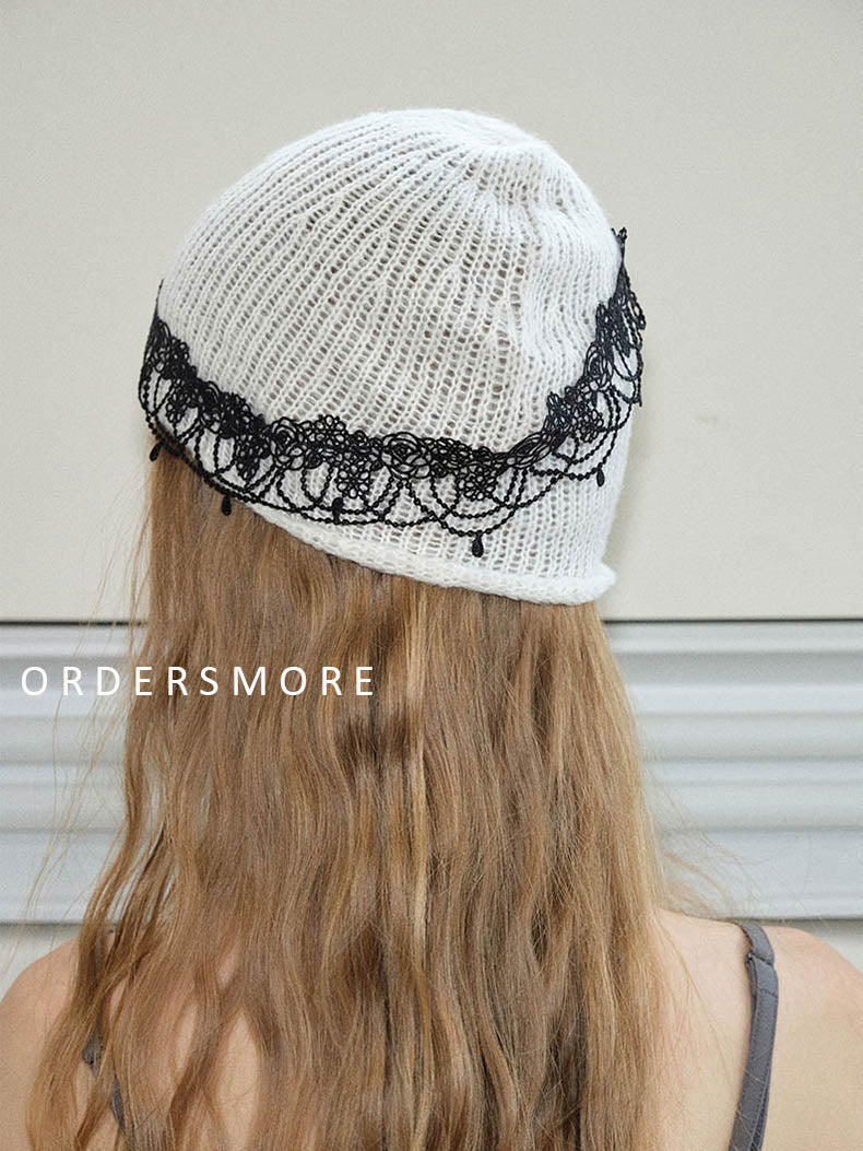 Black Lace Hollow Knitted Mohair Hat