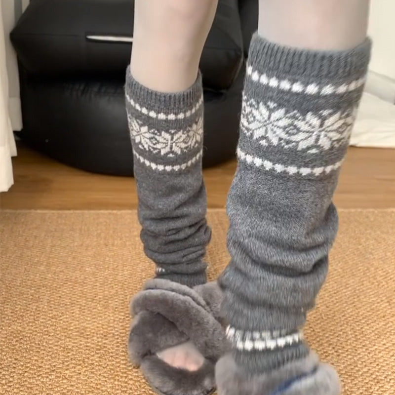 Fair Isle Gray Wool Knitted Leg Warmers