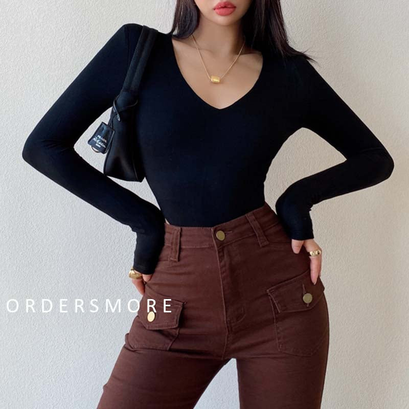 INS V-neck Jumpsuit Long-sleeved T-shirt