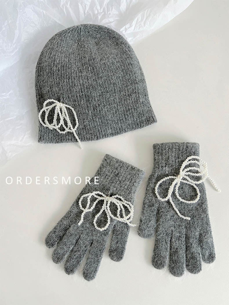 INS Pearl Bow-knot Rabbit Fur Knitted Hat & Gloves