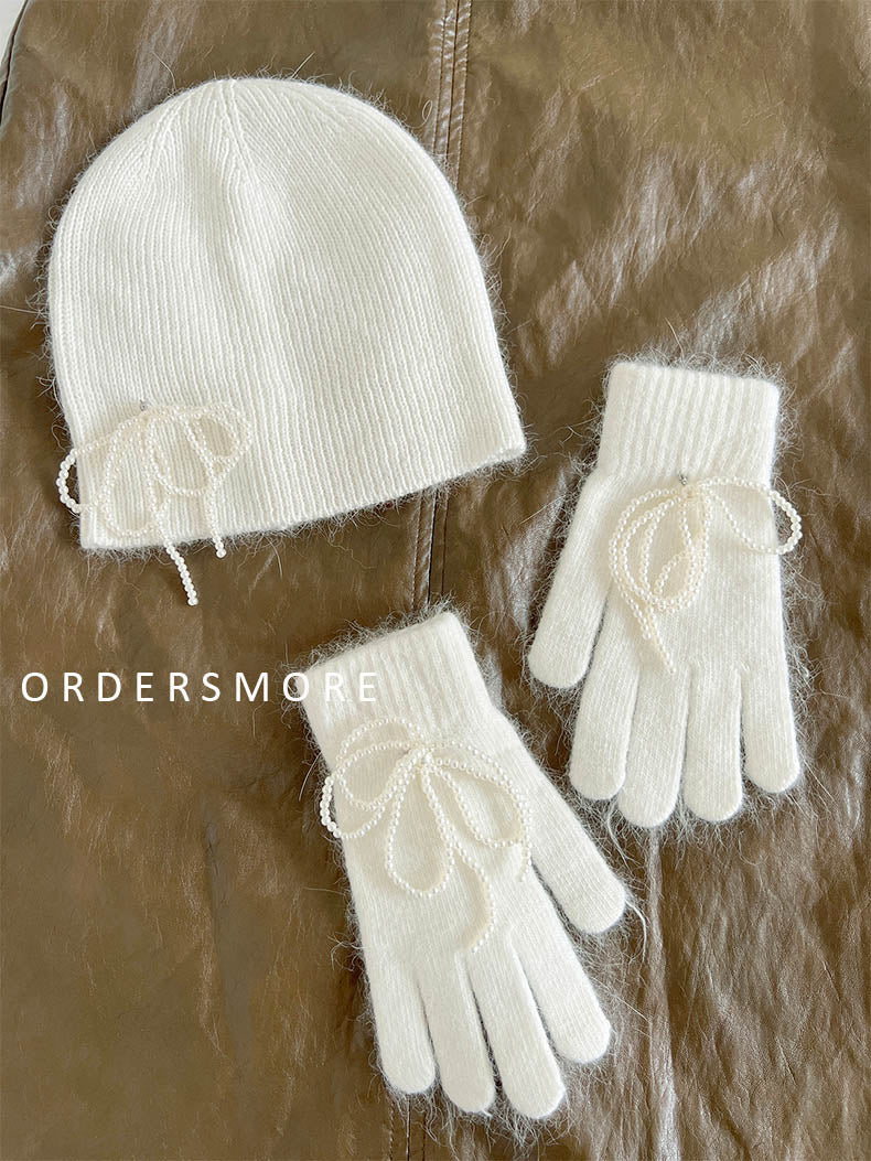 INS Pearl Bow-knot Rabbit Fur Knitted Hat & Gloves