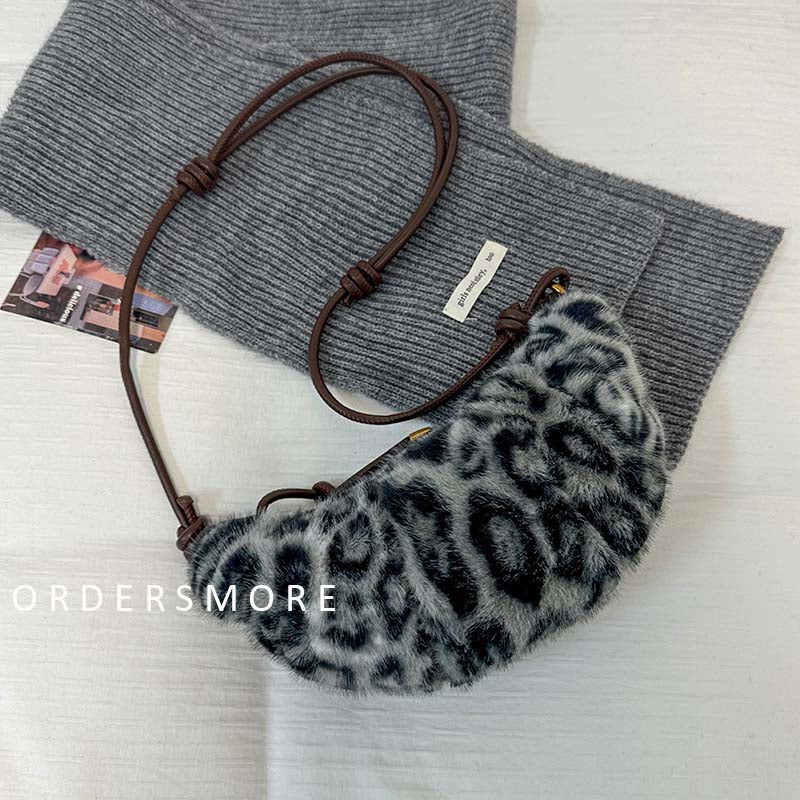 Retro Leopard Print Furry Croissant Bag