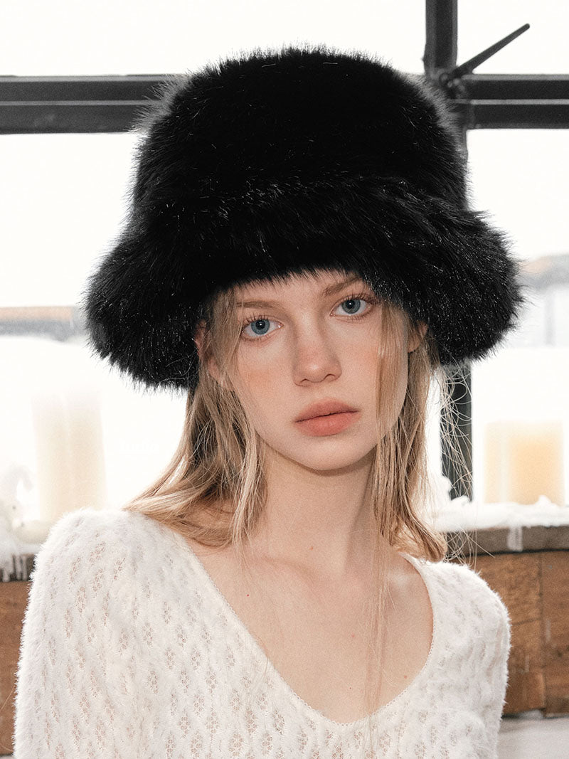 Winter Black Faux Fur Bucket Hat