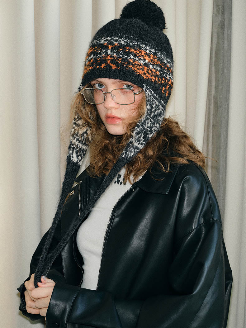 Vintage Jacquard Hairball Knitted Hat