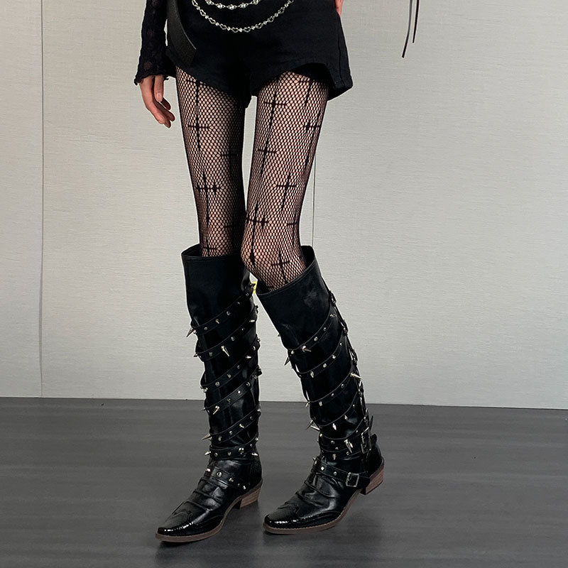 Y2K Punk Cross Black Fishnet Pantyhose