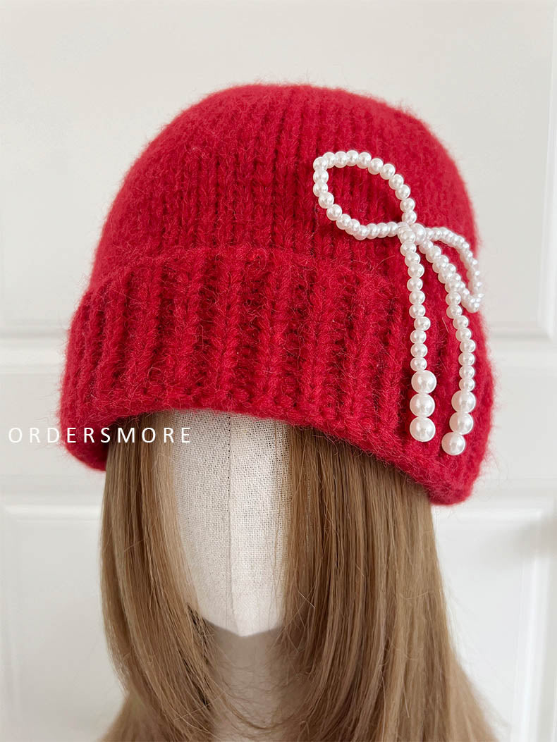 Y2K Pearl Bow Knitted Hat