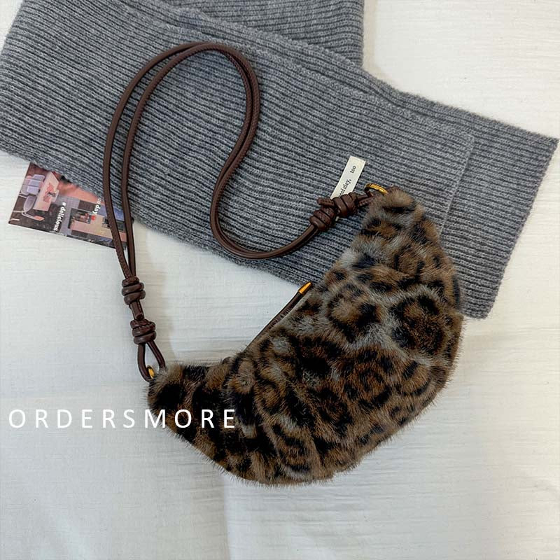 Retro Leopard Print Furry Croissant Bag