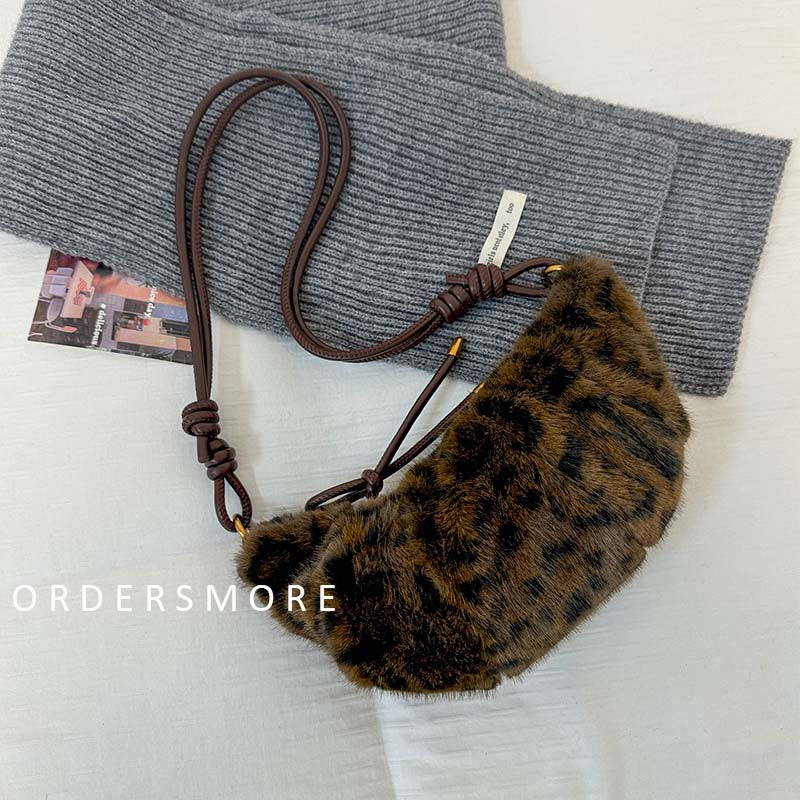 Retro Leopard Print Furry Croissant Bag